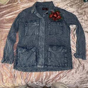 Avani Applique Blue Denim Jacket with Floral Detail